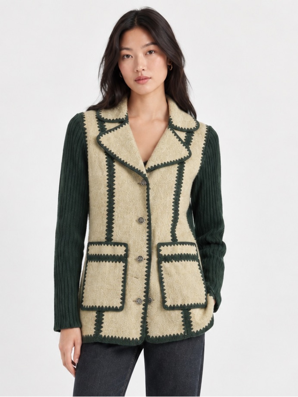 Green Suede Patchwork Jacket Leather Knit  70s 80s Vintage Boho MEDIUM